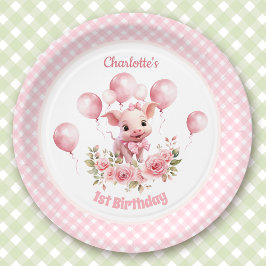 Pink Niedlich Pig Farm Girl 1. Geburtstag Papier T Pappteller