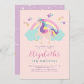 Pink | Niedlich Rainbow Unicorn Personalisiert Geb Einladung (Vorne/Hinten)