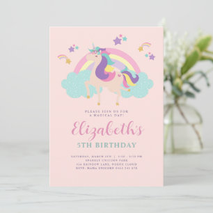 Pink Niedlich Rainbow Unicorn Personalisiert Geb Einladung