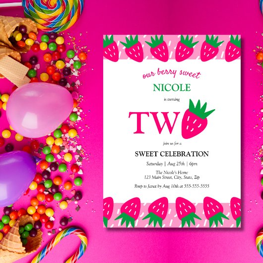 Pink Niedlich Strawberry Berry Sweet 2. Geburtstag Einladung