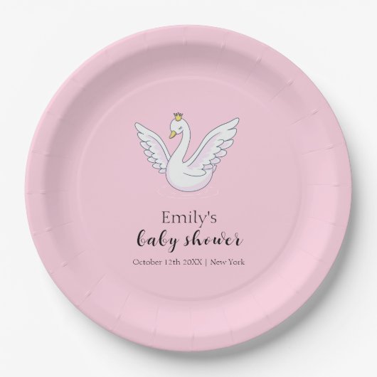 Pink Niedlich Sweet Princess Swan Baby Dusche Empf Pappteller (Vorderseite)