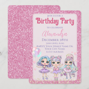 Pink Niedliche Glitzer Puppen Girl's Birthday Part Einladung