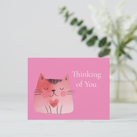 Pink Niedliche Katze Denken Sie an Sie Postkarte (Stehend Vorderseite)
