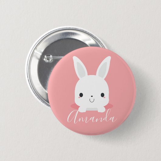 Pink Niedliches Kaninchen mit Individuelle Name Button (Vorne & Hinten)