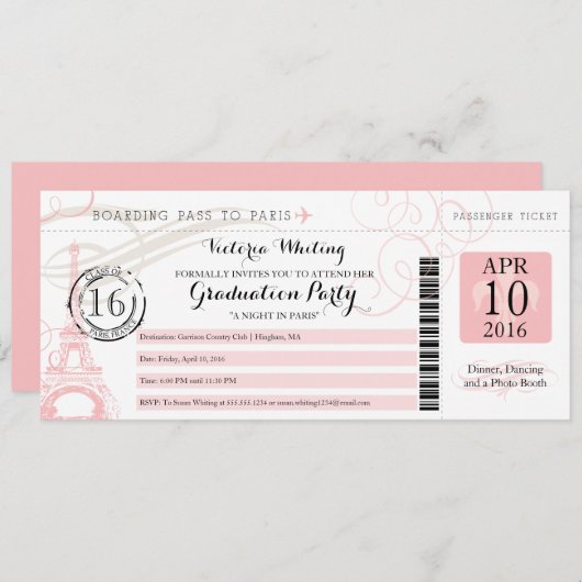 Pink Night in Paris Graduation Party Boarding Pass Einladung (Vorne/Hinten)