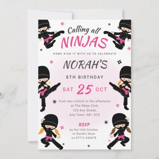 Pink Ninja Birthday Invite - Girls Karate Party Einladung (Vorderseite)