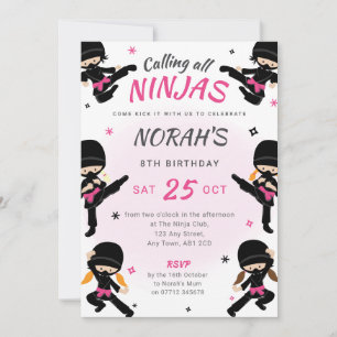 Pink Ninja Geburtstagseinladung - Mädchen Karate P Einladung