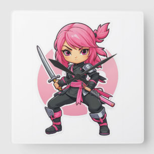 Pink Ninja Girl Quadratische Wanduhr