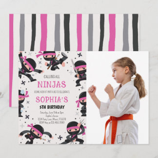 Pink Ninja Krieger Kampfkünste Geburtstags-Foto Einladung