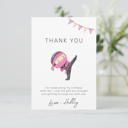Pink Ninja Party Danke, Card Dankeskarte (Stehend Vorderseite)