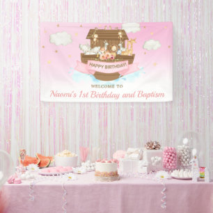 Pink Noahs Ark Baby Dusche 1. Geburtstag Hintergru Banner