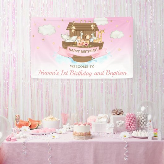 Pink Noahs Ark Baby Dusche 1. Geburtstag Hintergru Banner (Party)