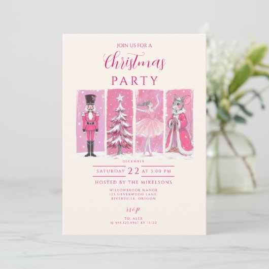Pink Nutcracker Ballet Christmas Einladung (Stehend Vorderseite)