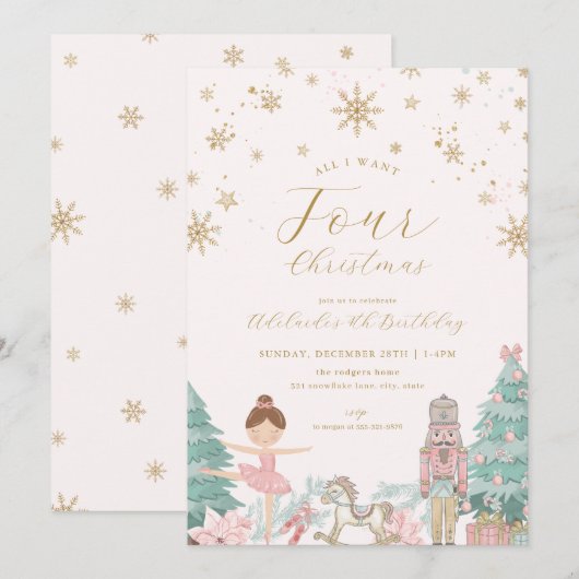 Pink Nutcracker Ballet Fourth Birthday Invitation Einladung (Vorne/Hinten)