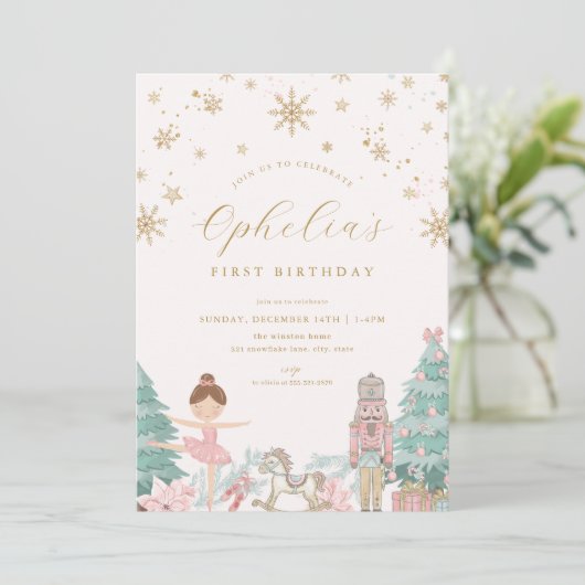 Pink Nutcracker Ballet Winter Birthday Invitation Einladung (Stehend Vorderseite)