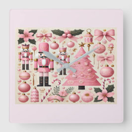 Pink Nutcracker Christmas Tree Quadratische Wanduhr