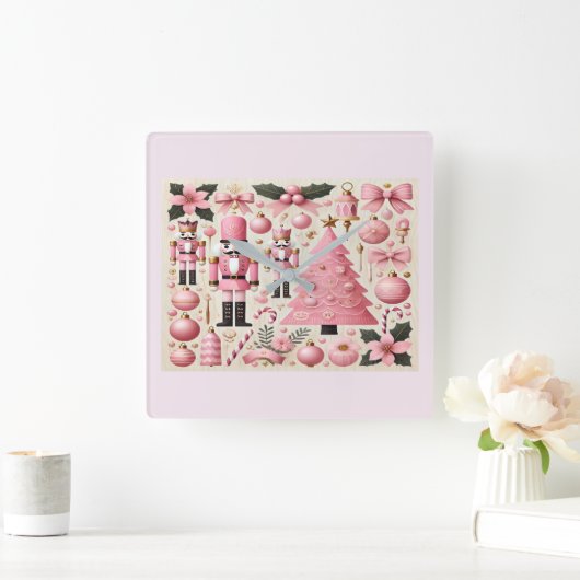 Pink Nutcracker Christmas Tree Quadratische Wanduhr (Zuhause)