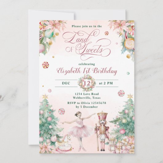Pink Nutcracker Land der Süßigkeiten Winter Geburt Einladung (Vorderseite)