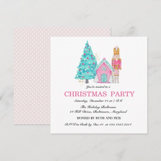 Pink Nutcracker Peppermint Weihnachts-Party Einladung (Vorne/Hinten)