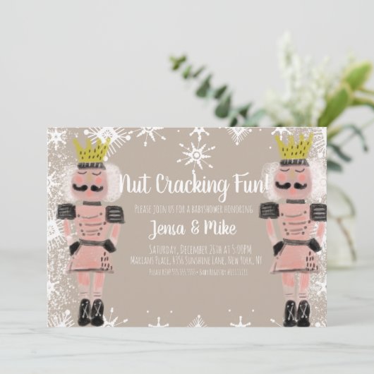 Pink Nutcracker Snowy Script Baby Dusche Einladung (Stehend Vorderseite)