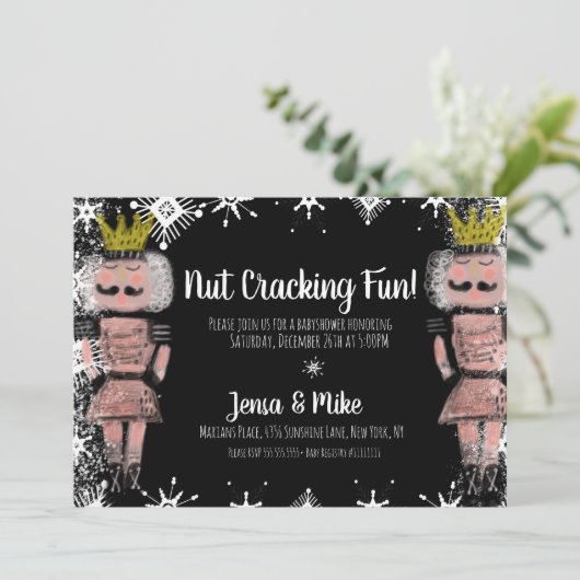 Pink Nutcracker Snowy Script Baby Shower Einladung (Stehend Vorderseite)