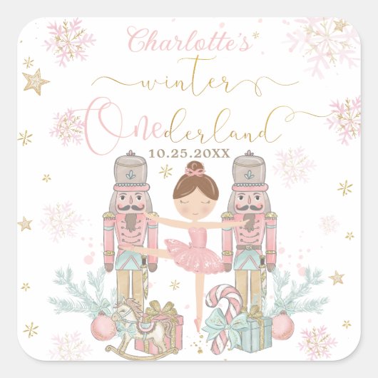 Pink Nutcracker Winter Onederland 1st Birthday Quadratischer Aufkleber (Vorderseite)