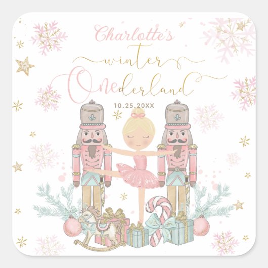 Pink Nutcracker Winter Onederland 1st Birthday Quadratischer Aufkleber (Vorderseite)