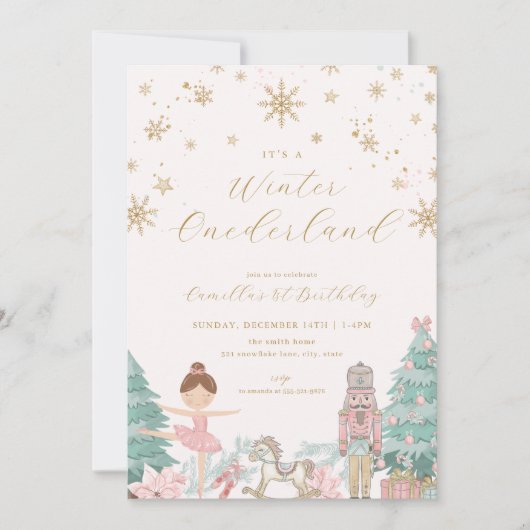 Pink Nutcracker Winter Onederland Birthday Invite Einladung (Vorderseite)