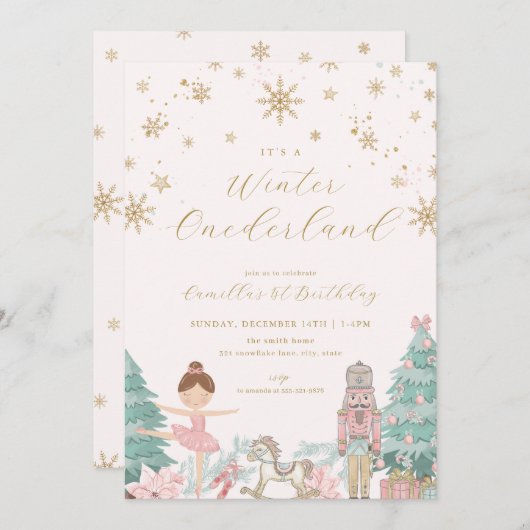 Pink Nutcracker Winter Onederland Birthday Invite Einladung (Vorne/Hinten)