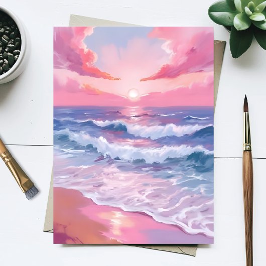 Pink Ocean Shore Beach Malerei Postkarte