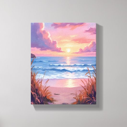 Pink Ocean Sunset Beach Watercolor Painting Leinwanddruck (Vorderseite)