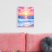 Pink Ocean Waves Sunset Watercolor Leinwanddruck (Insitu (Wohnzimmer))