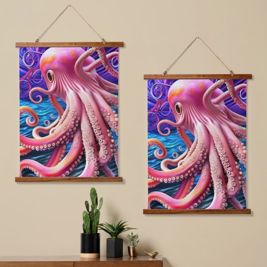 Pink Octopus Wandteppich Mit Holzrahmen (Asymmetrisch)