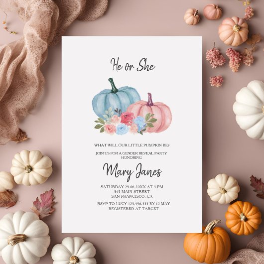 Pink oder Blue Floral Pumpkin Gender Reveal Einladung