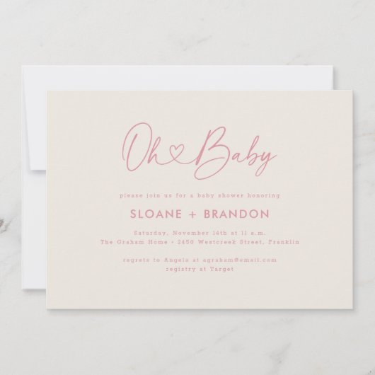 Pink Oh Baby Heart Calligraphy Simple Baby Show Einladung (Vorderseite)
