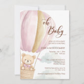 Pink Oh Baby Script Bear in Hot Air Balloon Shower Einladung (Vorderseite)