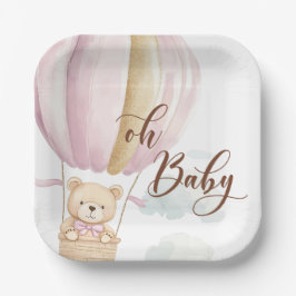 Pink Oh Baby Script Bear in Hot Air Balloon Shower Pappteller