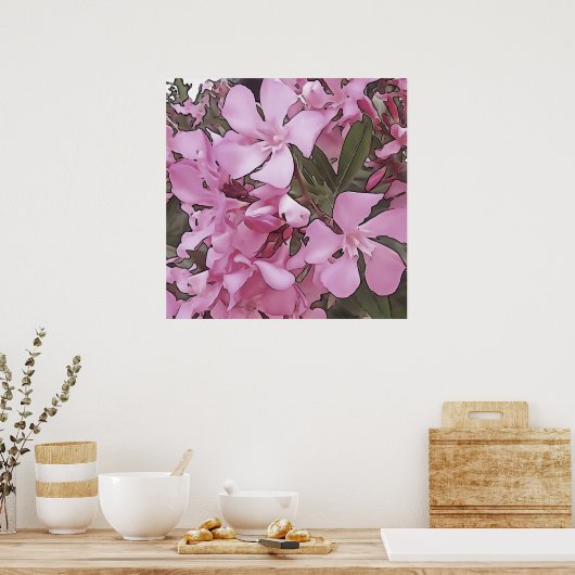 Pink Oleander Rose Laurel Schwarze Kontur Kunst Poster (Küche)