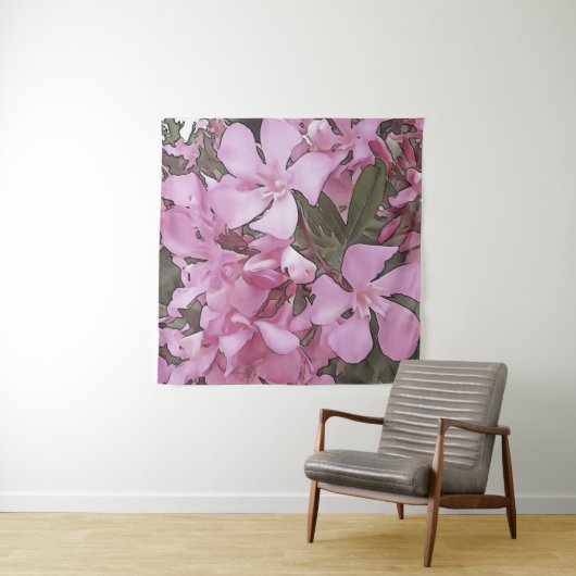 Pink Oleander Rose Laurel Schwarze Kontur Kunst Wandteppich (Beispiel)