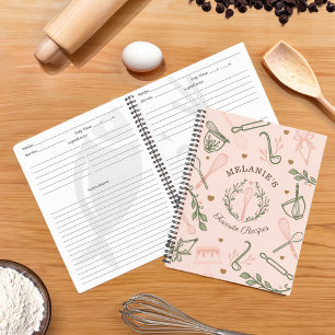 Pink & Olive Green Baking & Cooking Utensil Recipe Notizblock