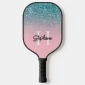 Pink Ombre Aquamarin Glitzer Monogram Pickleball Schläger (Vorderseite)