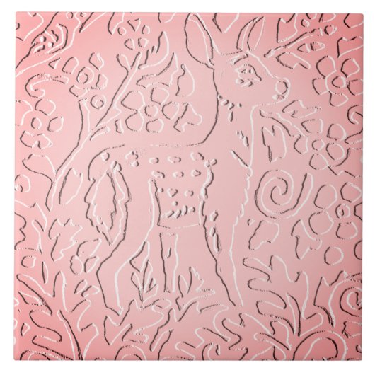 Pink Ombre Deer Fawn Woodland Embossed Floral Fliese (Vorderseite)