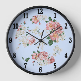 Pink on Blue Vintage Floral  Large Clock Uhr