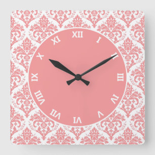 Pink on White Damask Quadratische Wanduhr