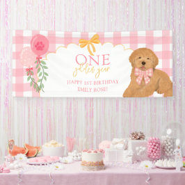 Pink One Golden Year Doodle Puppy 1st Birthday Banner