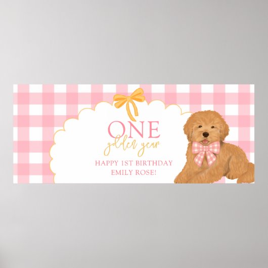 Pink One Golden Year Doodle Puppy 1st Birthday Poster (Vorne)