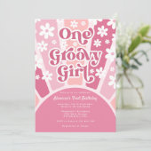 Pink One Groovy Girl Retro Rainbow Erster Geburtst Einladung (Stehend Vorderseite)