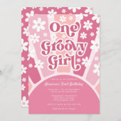 Pink One Groovy Girl Retro Rainbow Erster Geburtst Einladung (Vorne/Hinten)