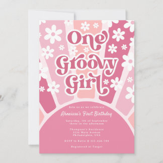 Pink One Groovy Girl Retro Rainbow Erster Geburtst Einladung