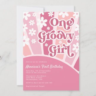 Pink One Groovy Girl Retro Rainbow Foto Geburtstag Einladung